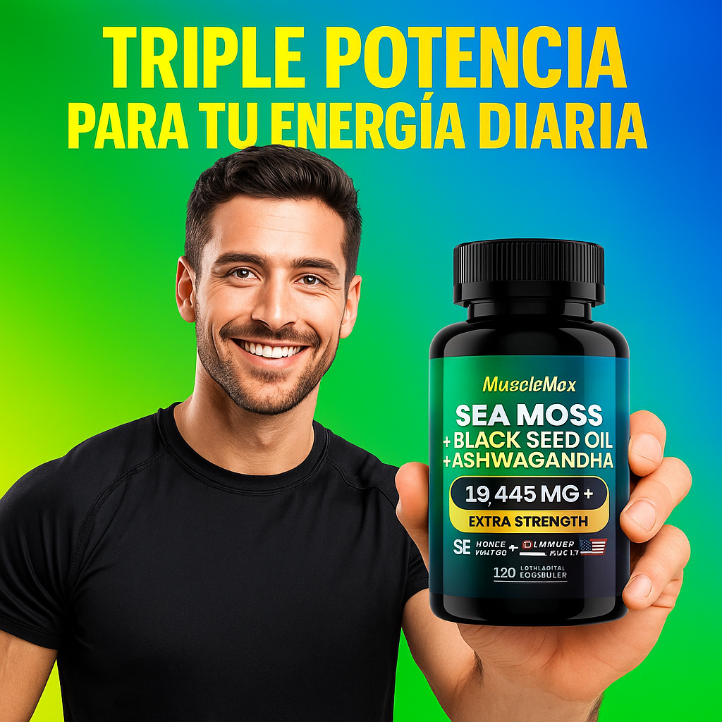 (2x1) MuscleMax™  Sea Moss + Black Seed Oil + Ashwagandha – 120 Cápsulas