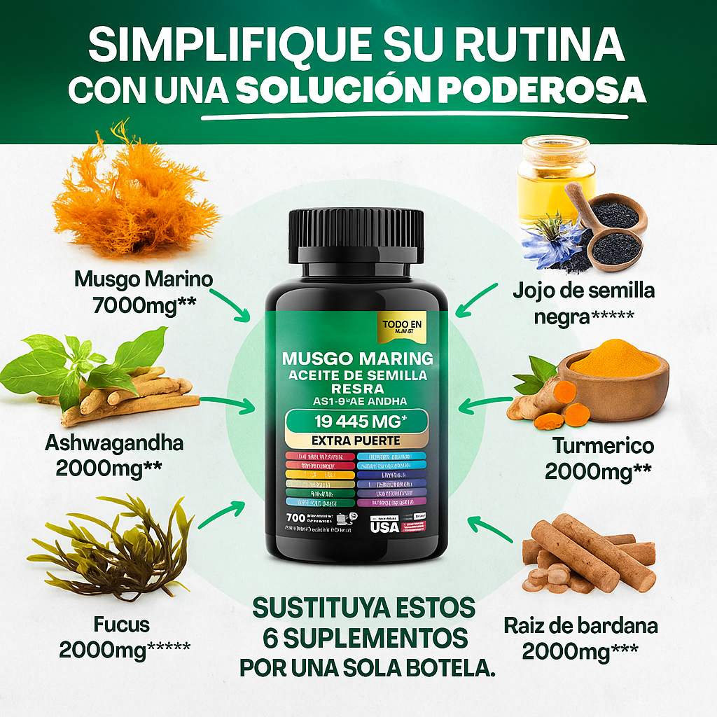 (2x1) MuscleMax™  Sea Moss + Black Seed Oil + Ashwagandha – 120 Cápsulas