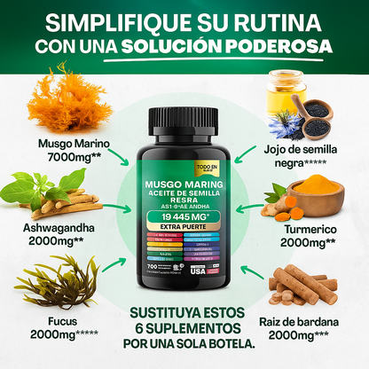 (2x1) MuscleMax™  Sea Moss + Black Seed Oil + Ashwagandha – 120 Cápsulas