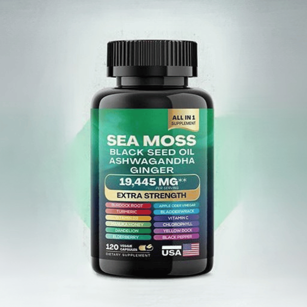 (2x1) MuscleMax™  Sea Moss + Black Seed Oil + Ashwagandha – 120 Cápsulas