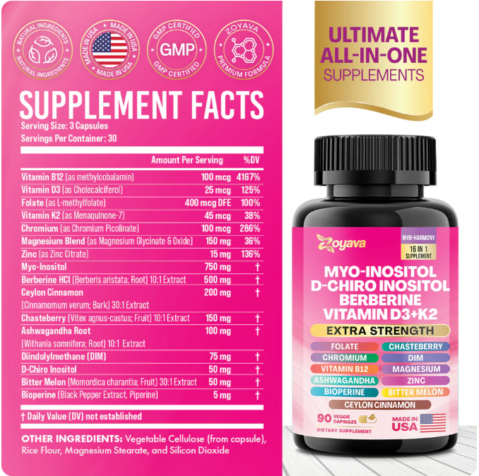 Myo-Inositol + D-Chiro Inositol + Berberina + Vitamina D3 + K2 – (90 Cápsulas)