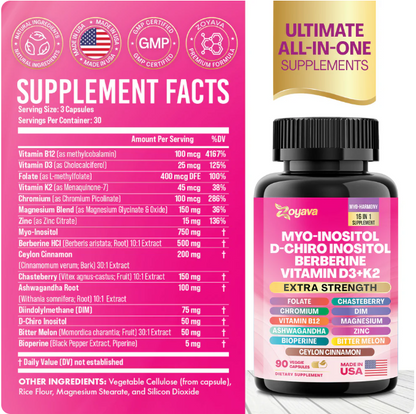 Myo-Inositol + D-Chiro Inositol + Berberina + Vitamina D3 + K2 – (90 Cápsulas)